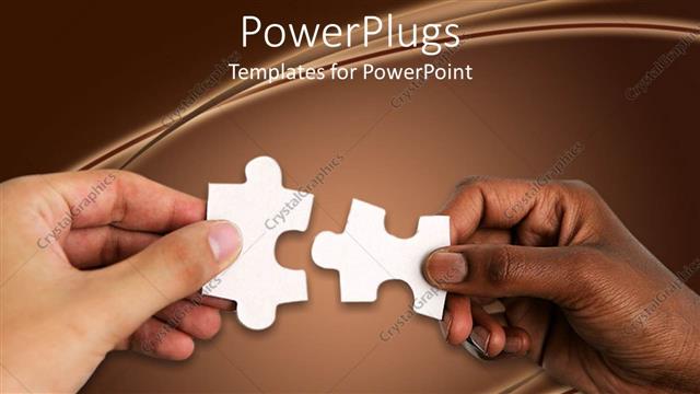  Presentation with together puzzle pieces - Hand of a white person and a black person uniting jigsaw puzzle pieces together