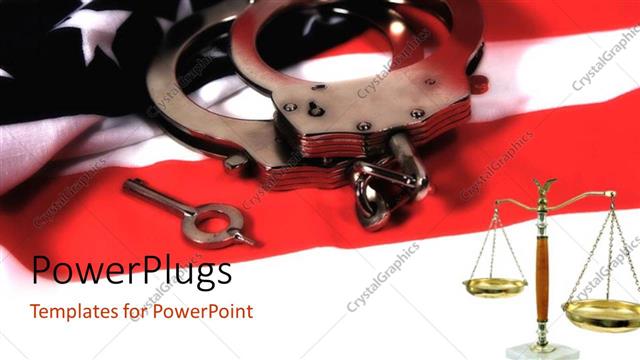 Presentation with weighing scale - Handcuffs and key on American flag with law weighing scale?