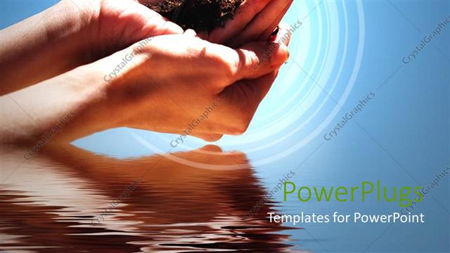  Presentation with water plant - Hands holding sprouting plant in soil just above water body