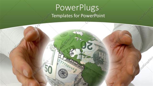  Presentation with world currency - Hands of a man with white long sleeves shirt holding globe with world map and currency on globe