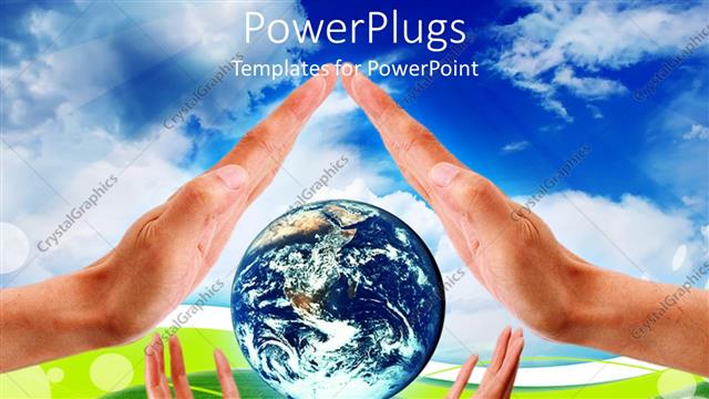  Presentation with save earth - Hands of man and woman protecting Planet Earth globe on green field and blue sky background