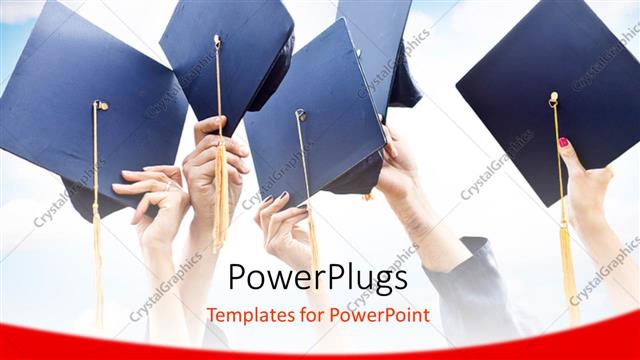  Presentation with graduation caps - Hands raising graduation caps in?celebration over cloudy sky?