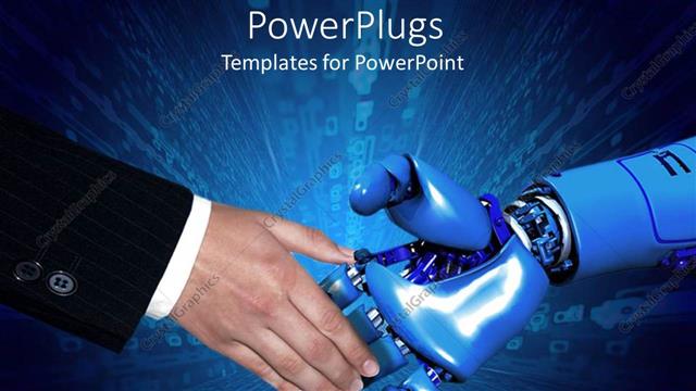  Presentation with blue handshake - Handshake between business man in black suit and robotic arm with blue background