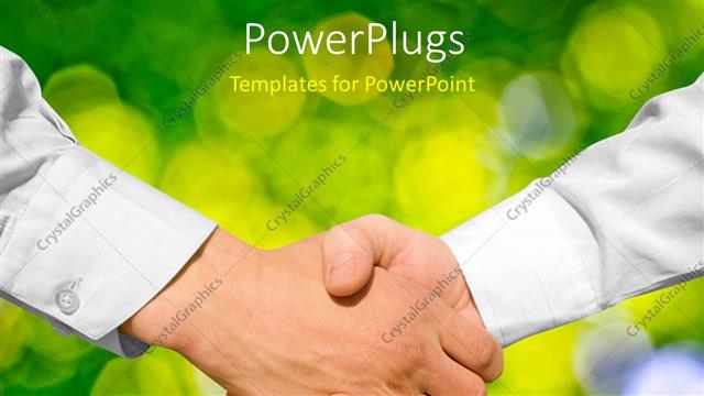  Presentation with abstract green - Handshake between two men over colorful field with yellow and green flowers