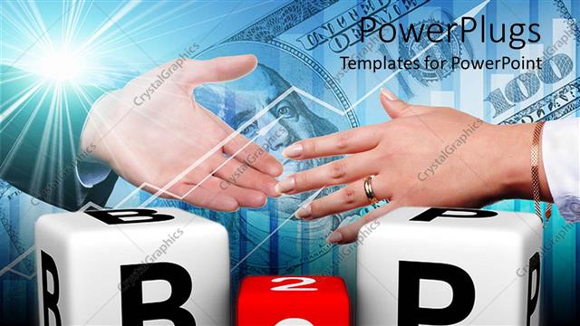  Presentation with symbol - Handshake over Business to People symbol with dice over hundred dollar bill