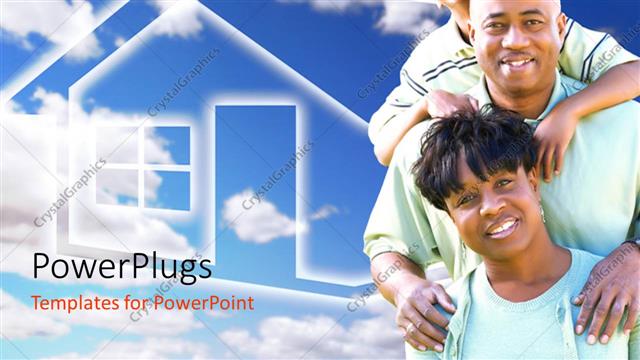  Presentation with afro - Happy Afro-American family and house symbol with sky