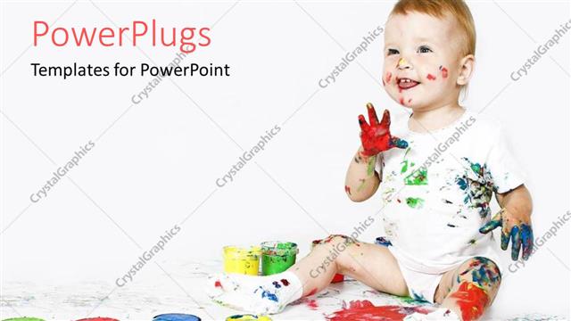  Presentation with happy baby - Happy baby with paint on hands and face and body and painting on white floor