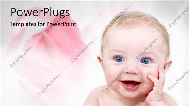  Presentation with pink roses - Happy baby with pink roses for family on white background