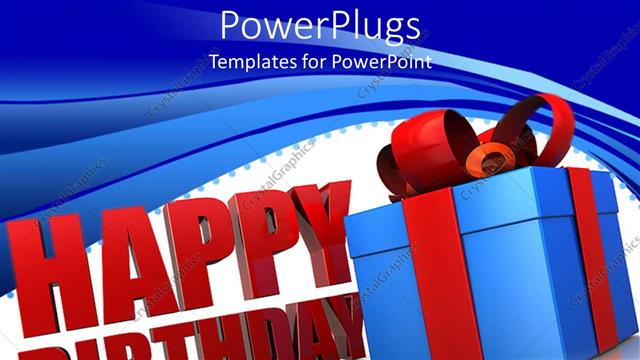  Presentation with gift - Happy birthday sign next to blue wrapped gift box