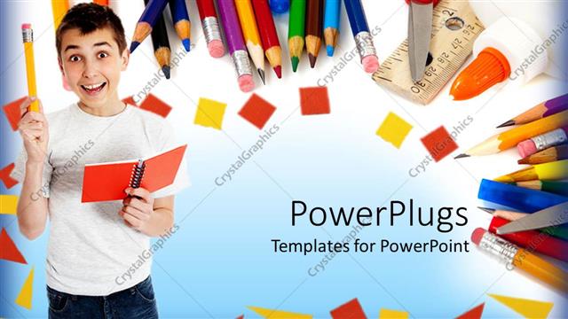  Presentation with glue - Happy boy with color pencils, scissors, ruler and glue in background