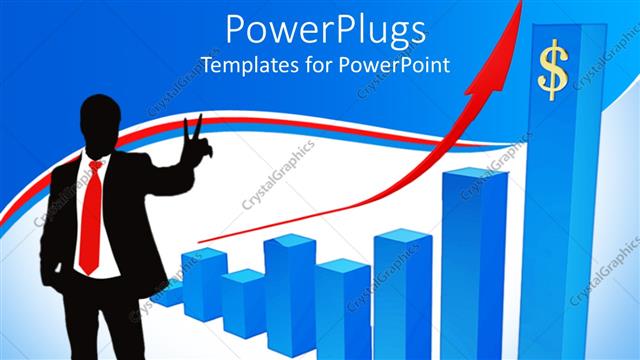  Presentation with victory - Happy businessman standing beside bar chart with victory gesture