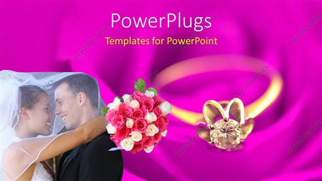  Presentation with wedding ring - Happy couple hugging with bride holding bouquet and gold ring