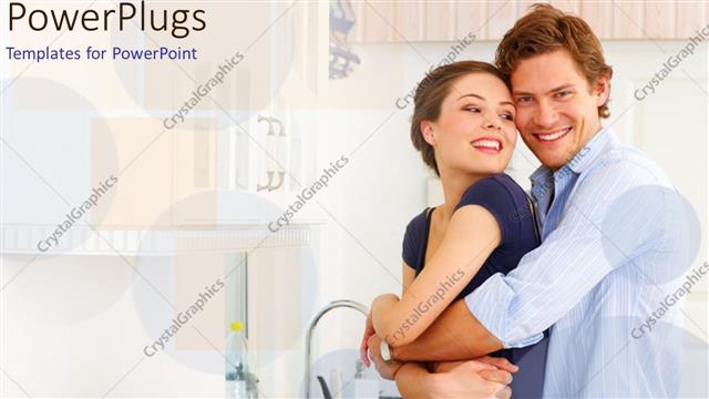  Presentation with vegetables - Happy couple hugging in kitchen, vegetables on counter, healthy eating