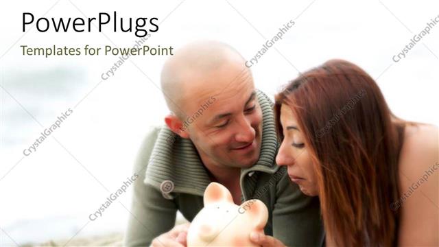  Presentation with budget - Happy couple lay on mat with piggy bank in hand
