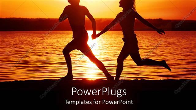  Presentation with seashore - Happy couple running with hands held together on beach with sunset
