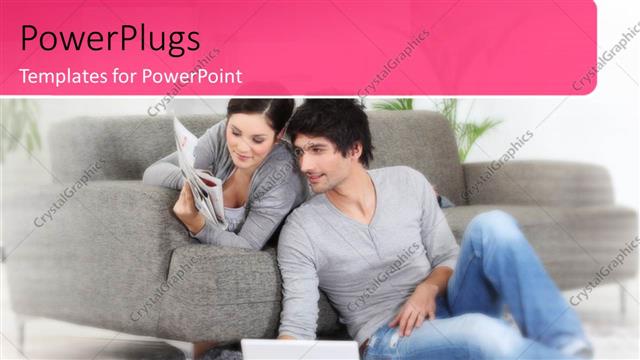 Presentation with newspaper laptop - Happy couple with wife reading newspaper on sofa and husband with laptop?