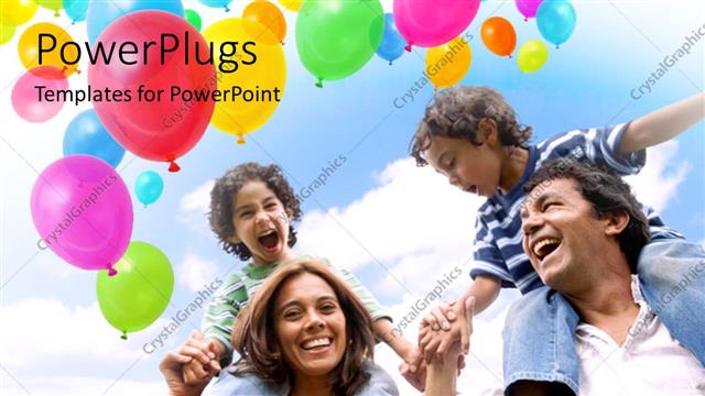  Presentation with balloons blue - Happy family with?Colored balloons in air with?blue cloudy sky?