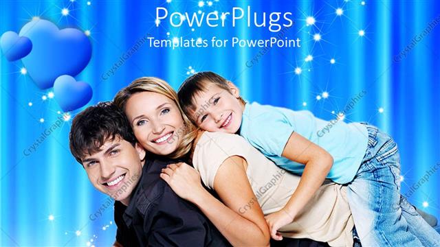  Presentation with mom - Happy family, dad, mom, child with blue hearts on blue background