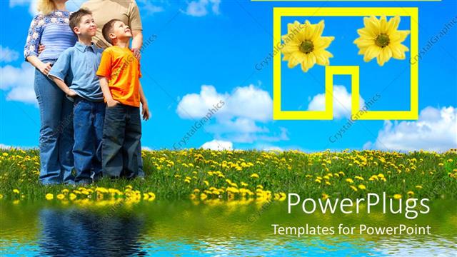  Presentation with dream sky - Happy family of four in flower garden looking up at blue sky