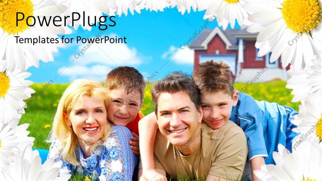  Presentation with field - Happy family laying in green grass field with house and flower frames