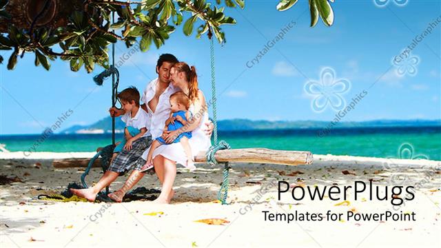  Presentation with mom kids - Happy family, mom, dad and two kids on swinging bench on beach and sea water with blue sky background