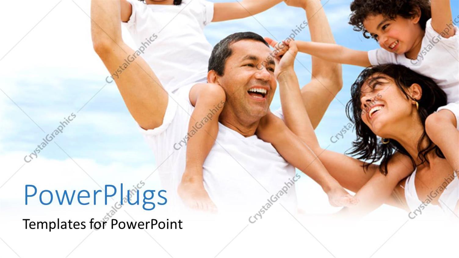 Featuring Happy Family with Parents Carrying Children Over shoulder during Vacation