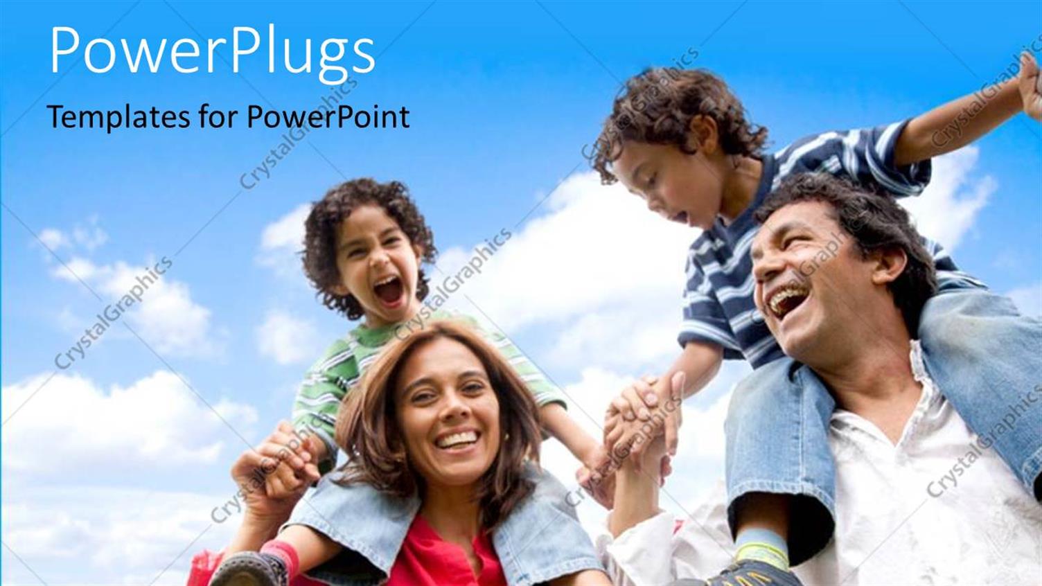 Featuring Happy Family with parents Carrying Children Over Shoulder and Blue Sky in Background 