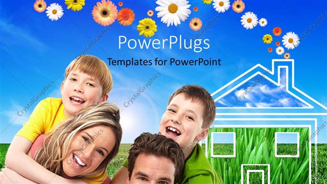  Presentation with eco - Happy family with parents carrying kids over shoulder with house in green field?