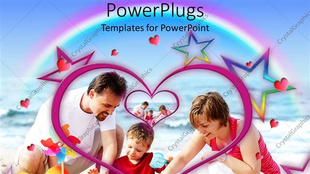  Presentation with beach rainbow - Happy family playing in sand on beach, parents, child, mother, father, hearts, rainbow, stars