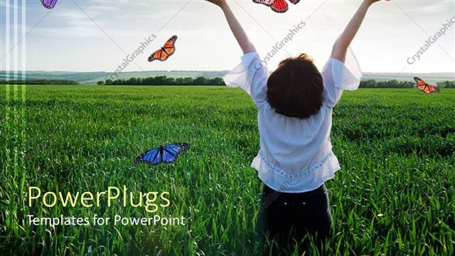  Presentation with flying - Happy girl from back with hands risen to sky on green field with colorful butterflies flying around her
