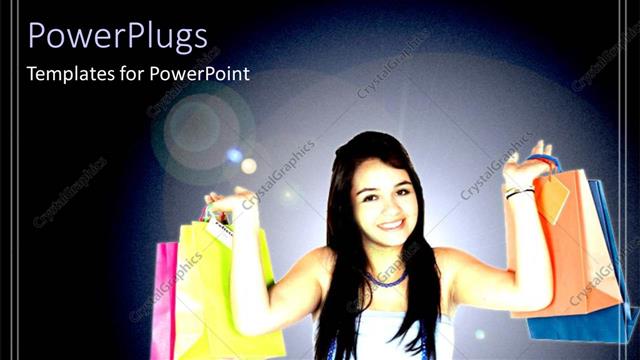  Presentation with shopping - Happy girl carrying shopping bags on both hands with dark background