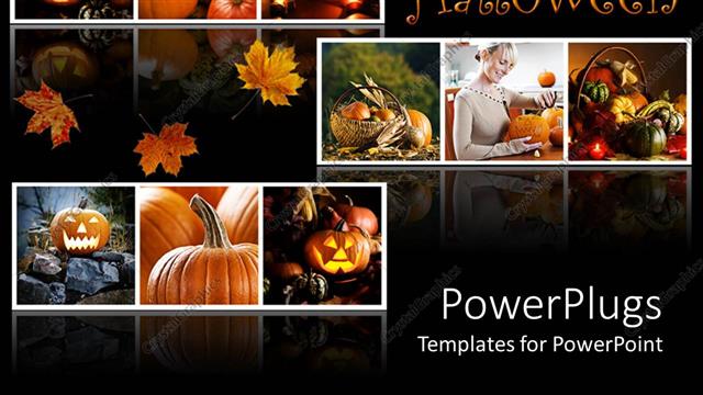  Presentation with fall leaves - Happy Halloween collage with Jack o lantern, pumpkins, gourds, fall autumn leaves