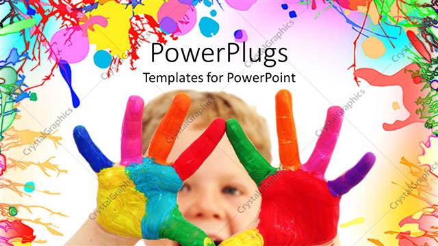  Presentation with rainbow paint - Happy kid with painted hands, close up of child hands with paint rainbow colors