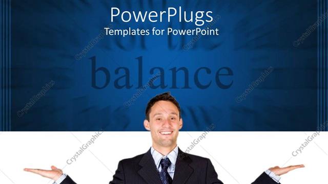  Presentation with balance - Happy man in suit on white and blue background