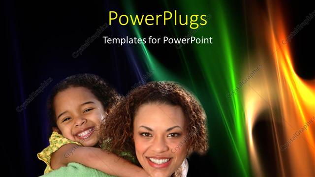  Presentation with mom - Happy mother carries child on back over abstract background