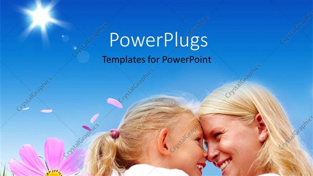  Presentation with blue flower - Happy mother and daughter in green flower field over blue sky
