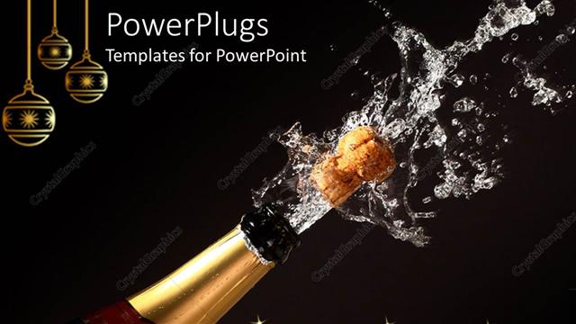  Presentation with bottle - Happy New Year theme with champagne bottle opening, gold Christmas ornaments, black background