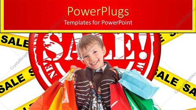  Presentation with shopping - Happy smiling boy holding many colorful shopping bags on sale sign background