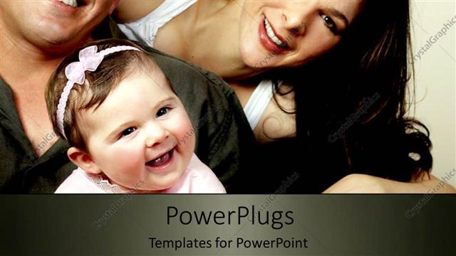  Presentation with happy baby - Happy smiling family, father, mother and baby smiling at the camera in beautiful family depiction