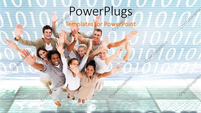  Presentation with team hands - Happy team smiling with hands raised on digital background with binary digits?