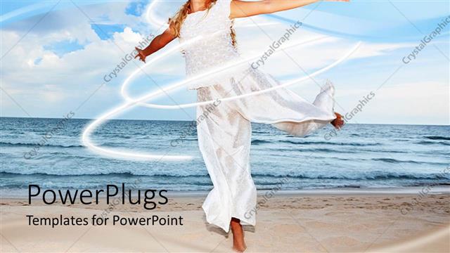  Presentation with water ocean - Happy woman dressed in white in sandy beach with ocean water and blue sky in the background