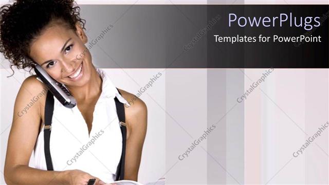  Presentation with busy - Happy woman holding cell phone with cheek over shoulder opens directory