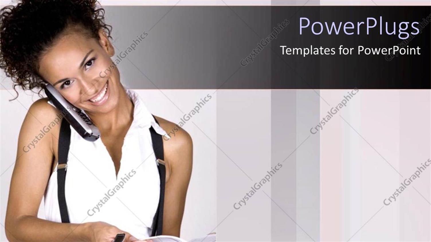 Featuring Happy Woman Holding Cell Phone with Cheek Over Shoulder Opens Directory