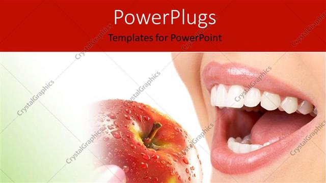  Presentation with perfect - Happy woman with perfect dentition eating healthy from red apple