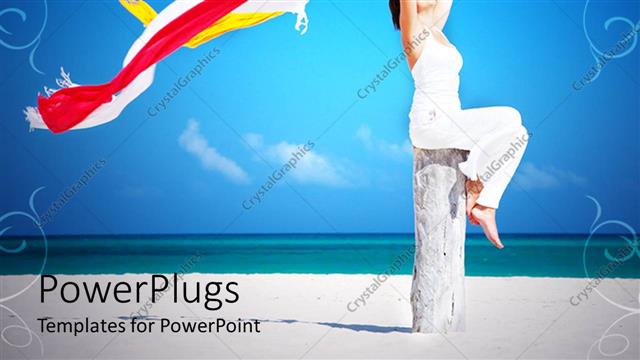  Presentation with sea water - Happy woman sitting on log on beach and sea water and blue sky background