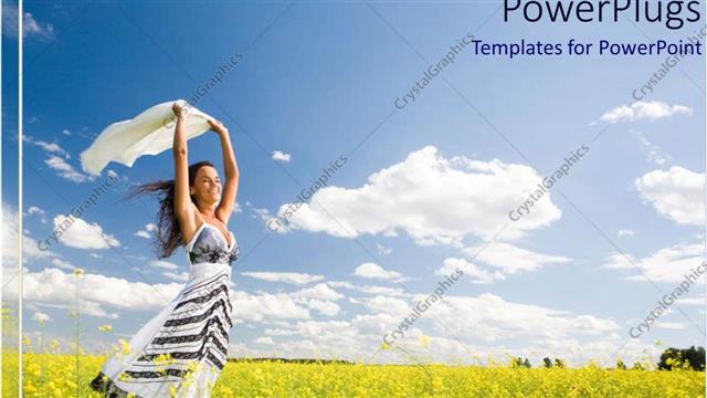  Presentation with clean air - Happy woman smiling in the middle of yellow flowers on field with bright blue sky in the background