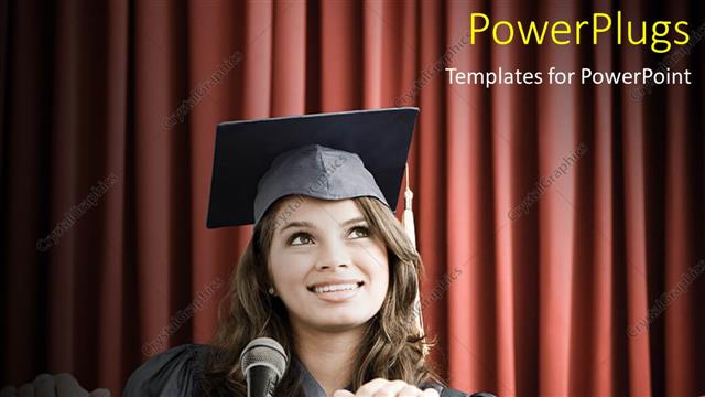  Presentation with graduation - Happy young lady delivering graduation speech on pulpit?