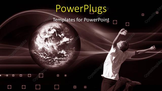  Presentation with win win - Happy young man jumps for joy with world over abstract background