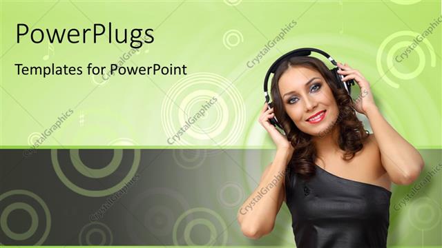  Presentation with green circles - Happy young woman with headphones on over green background with concentric circles