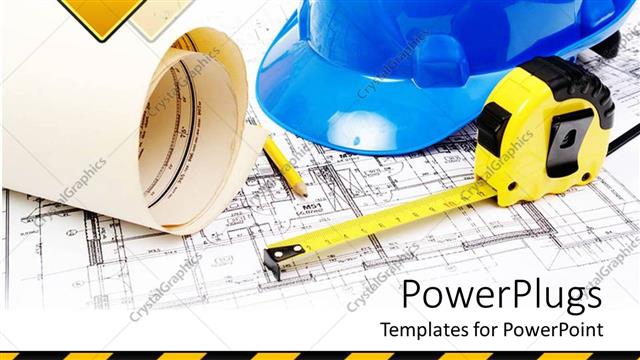  Presentation with construction tools - Hardhat, yellow measuring tape and pencil on top of building plans